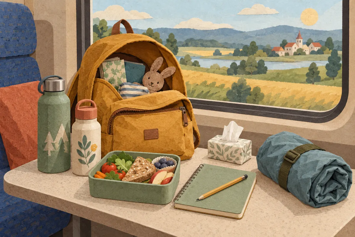 Ilustracja małego plecaka z wodą, jedzeniem, notesem i lekką kurtką na jednodniowy wyjazd pociągiem z dzieckiem.